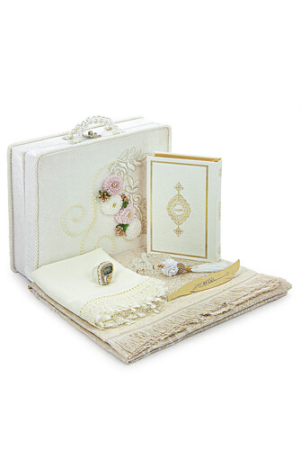 Boxed Flower Detailed Dowry Prayer Rug Set Suitable for Bridal Bundle Gift Shawl Quran Set White - 1