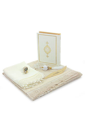 Boxed Flower Detailed Dowry Prayer Rug Set Suitable for Bridal Bundle Gift Shawl Quran Set White - 3