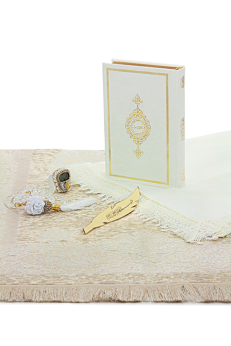 Boxed Flower Detailed Dowry Prayer Rug Set Suitable for Bridal Bundle Gift Shawl Quran Set White - 4