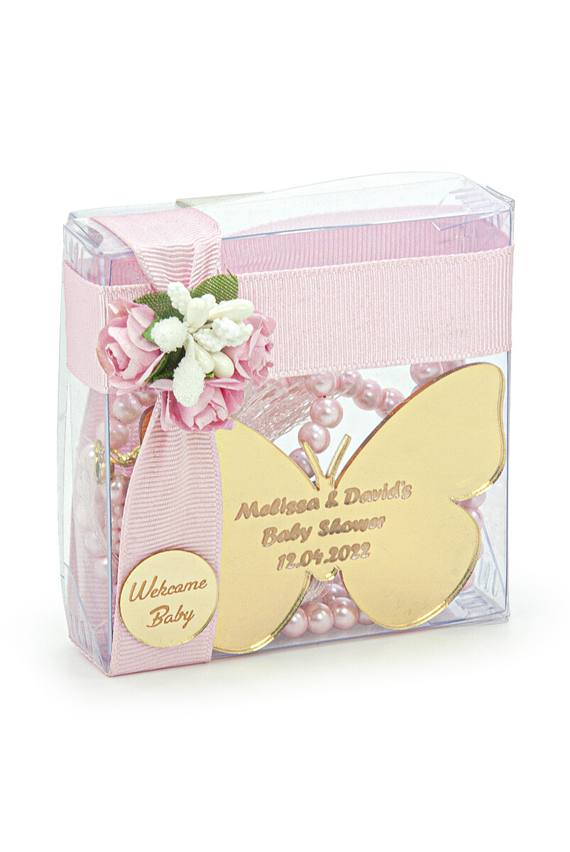 Boxed Pearl Rosary Mirrored Plexi Cabinet Ornament Baby Mevlut Gift Set Pink - 1