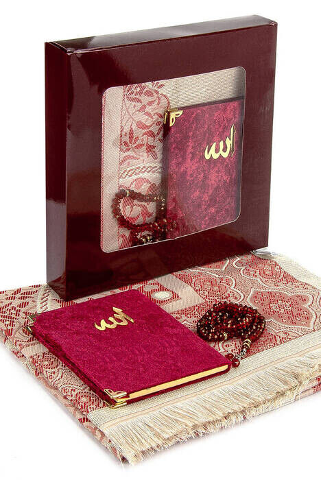 Boxed Prayer Rug Set - Velvet Covered Yasin - Prayer Rug - Rosary - Claret Red - 1