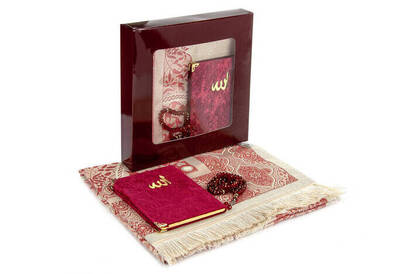 Boxed Prayer Rug Set - Velvet Covered Yasin - Prayer Rug - Rosary - Claret Red - 2