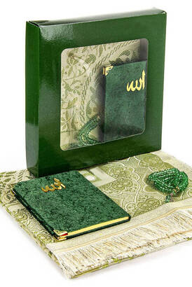 Boxed Prayer Rug Set - Velvet Covered Yasin - Prayer Rug - Rosary - Green Color - 1