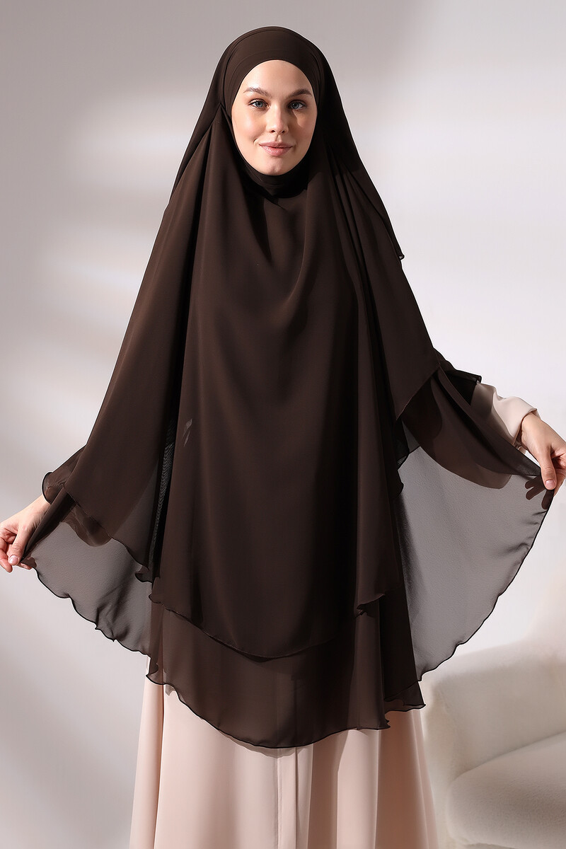 Brown Chiffon Three Layer Veiled Long Hijab Soufflé Scarf - 3