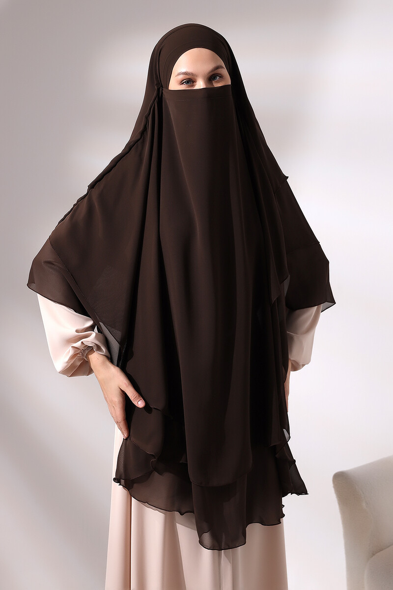 Brown Chiffon Three Layer Veiled Long Hijab Soufflé Scarf - 2