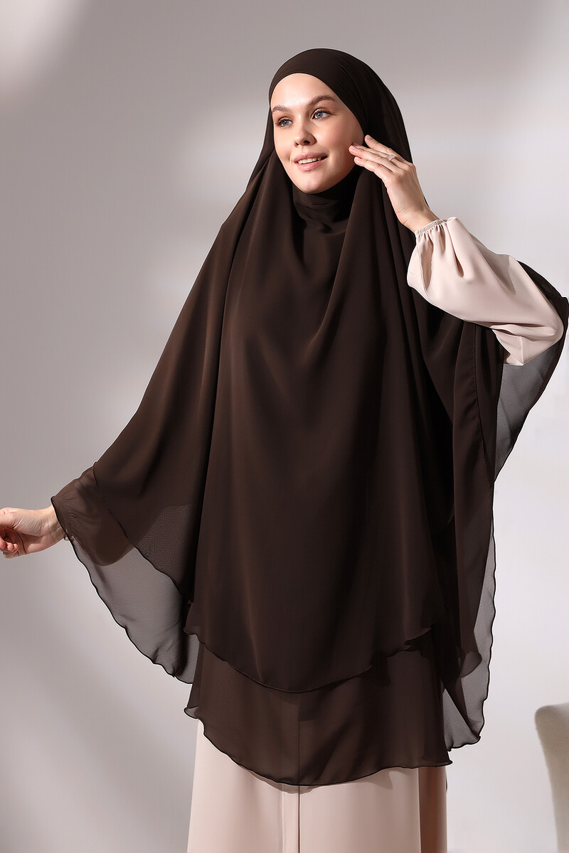 Brown Chiffon Three Layer Veiled Long Hijab Soufflé Scarf - 4