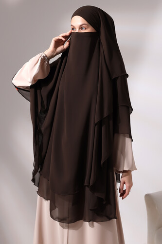 Brown Chiffon Three Layer Veiled Long Hijab Soufflé Scarf - 5