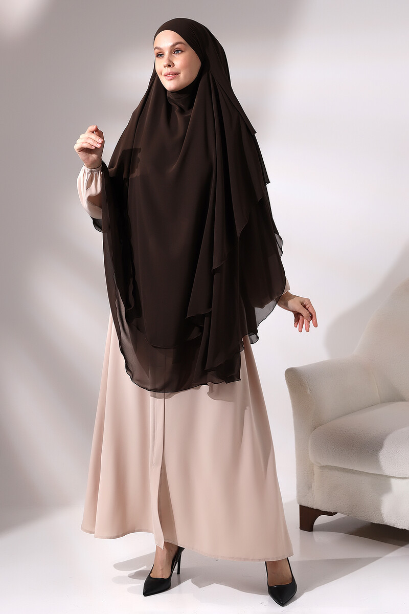 Brown Chiffon Three Layer Veiled Long Hijab Soufflé Scarf - 1