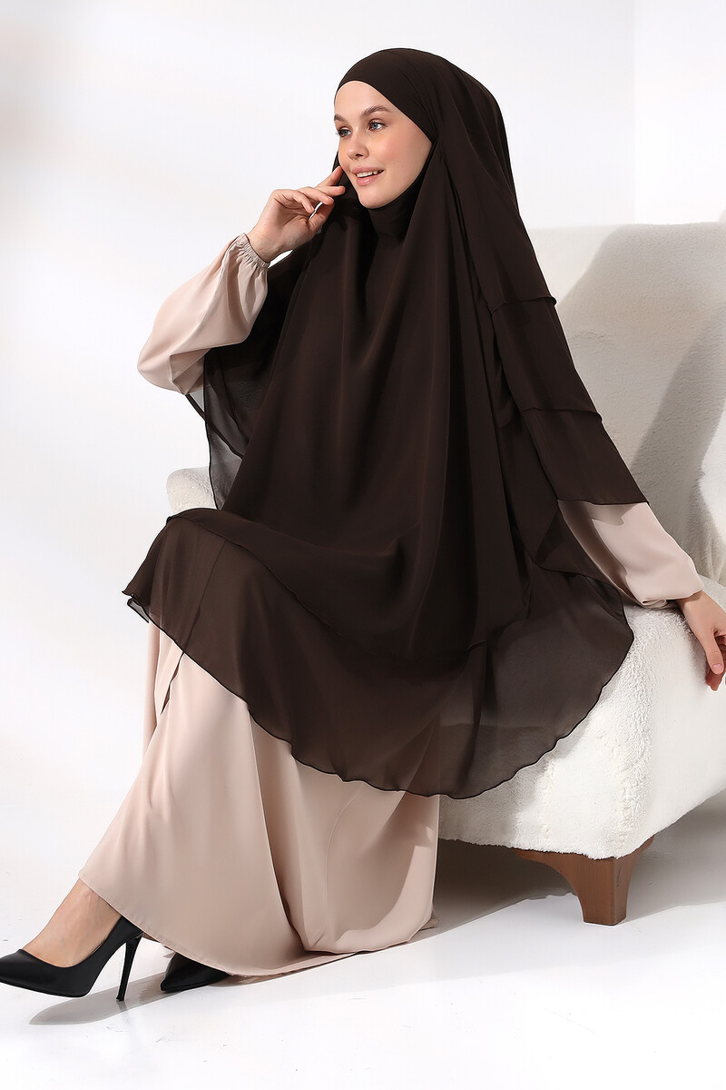 Brown Chiffon Three Layer Veiled Long Hijab Soufflé Scarf - 7