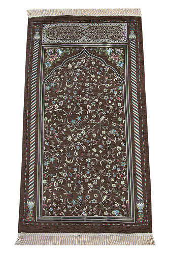 Brown Floral Ravza Patterned Lined Chenille Prayer Rug - 1