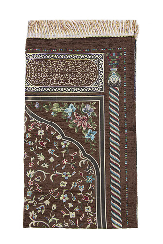 Brown Floral Ravza Patterned Lined Chenille Prayer Rug - 3