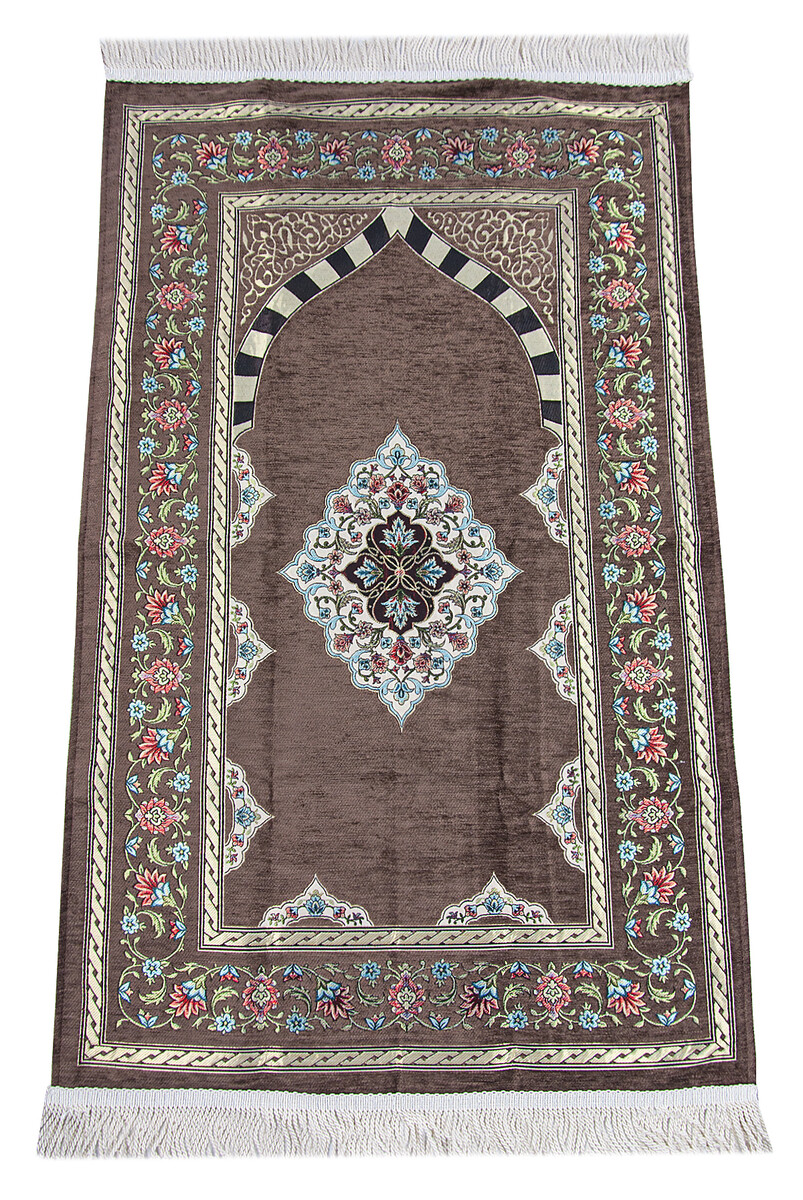 Brown Flower Motifed Mihrab Lined Chenille Prayer Rug - 1