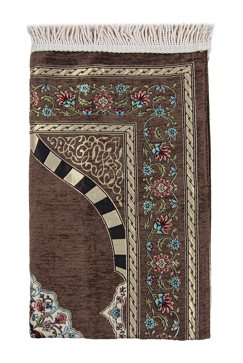 Brown Flower Motifed Mihrab Lined Chenille Prayer Rug - 3