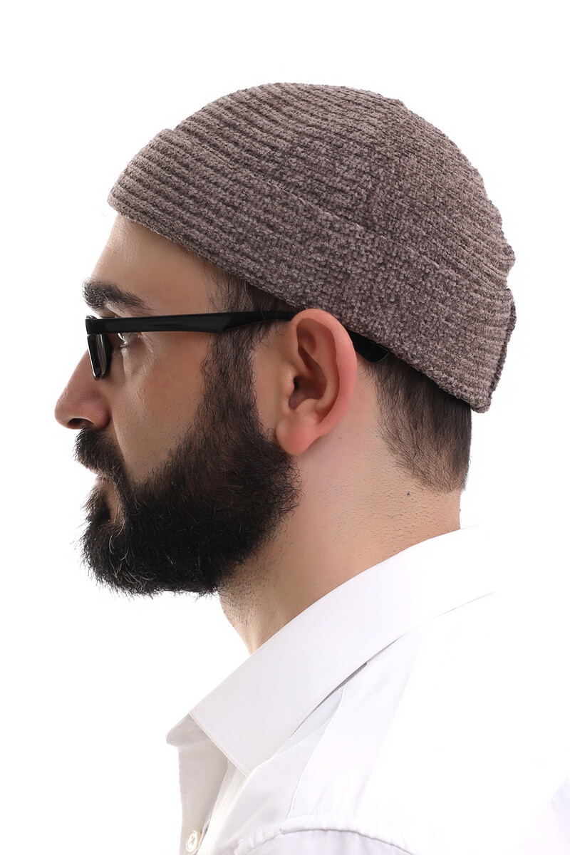 Brown Folded Simple Pattern Winter Velvet Skullcap Hat - 3