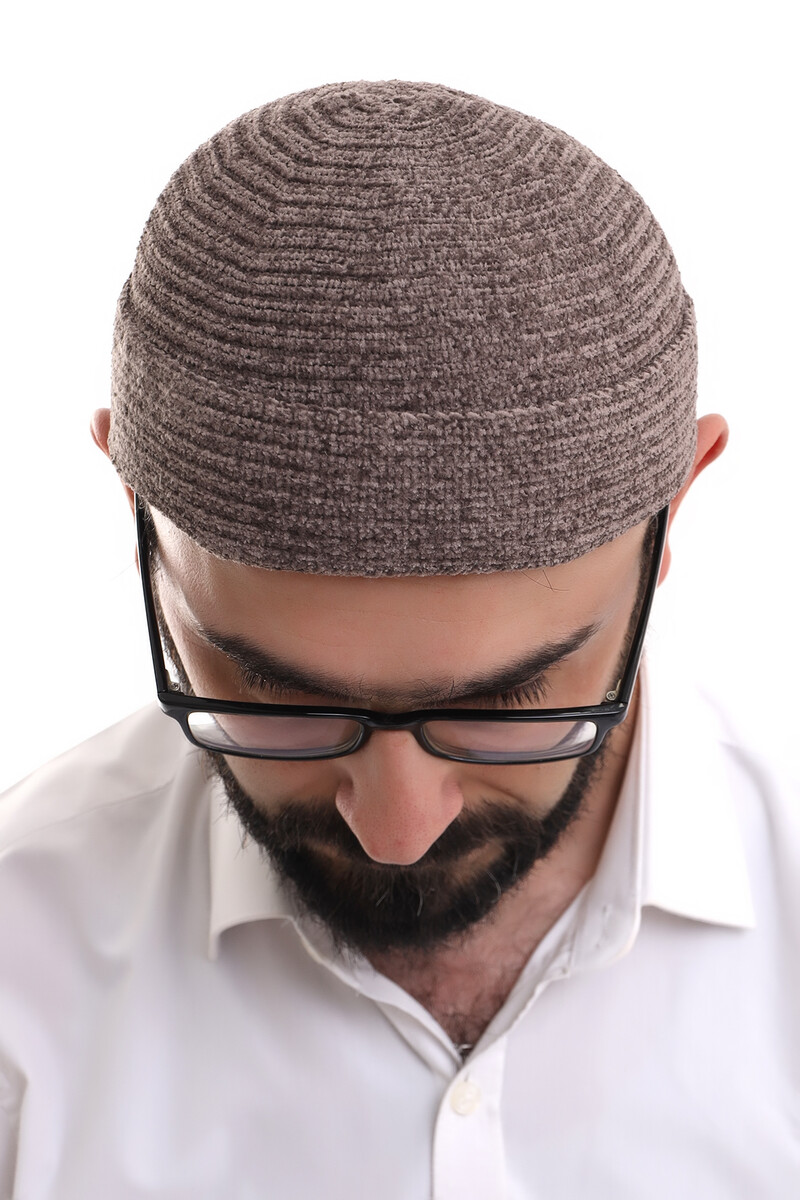 Brown Folded Simple Pattern Winter Velvet Skullcap Hat - 5