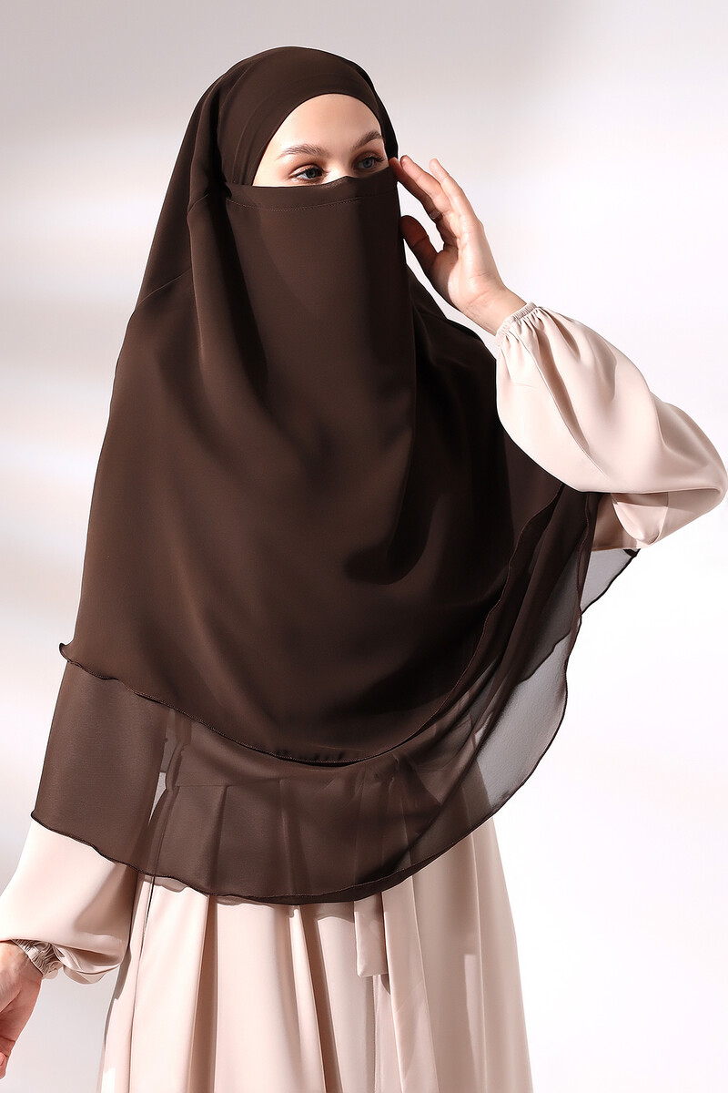 Brown Three Layer Veiled Short Chiffon Hijab Soufflé Scarf - 2