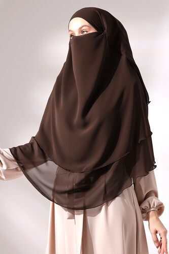 Brown Three Layer Veiled Short Chiffon Hijab Soufflé Scarf - 4