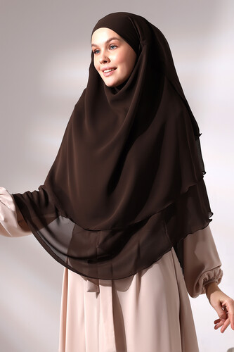 Brown Three Layer Veiled Short Chiffon Hijab Soufflé Scarf - 5