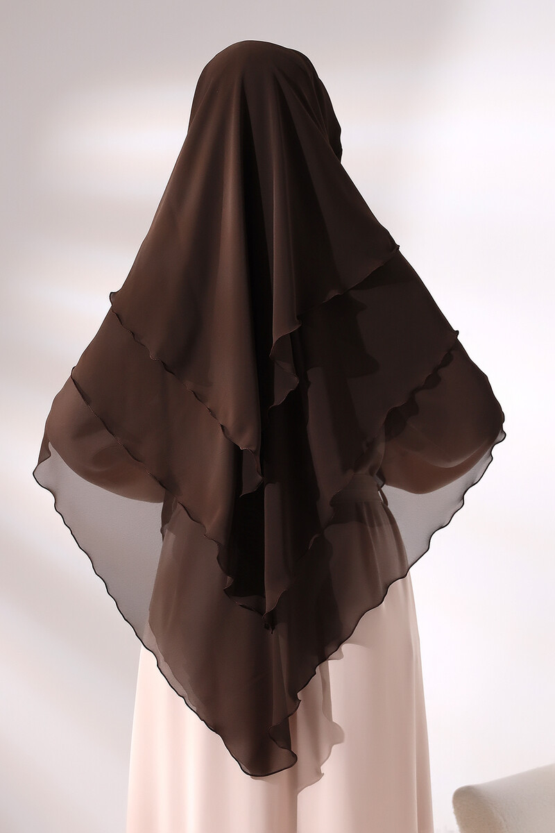 Brown Three Layer Veiled Short Chiffon Hijab Soufflé Scarf - 6