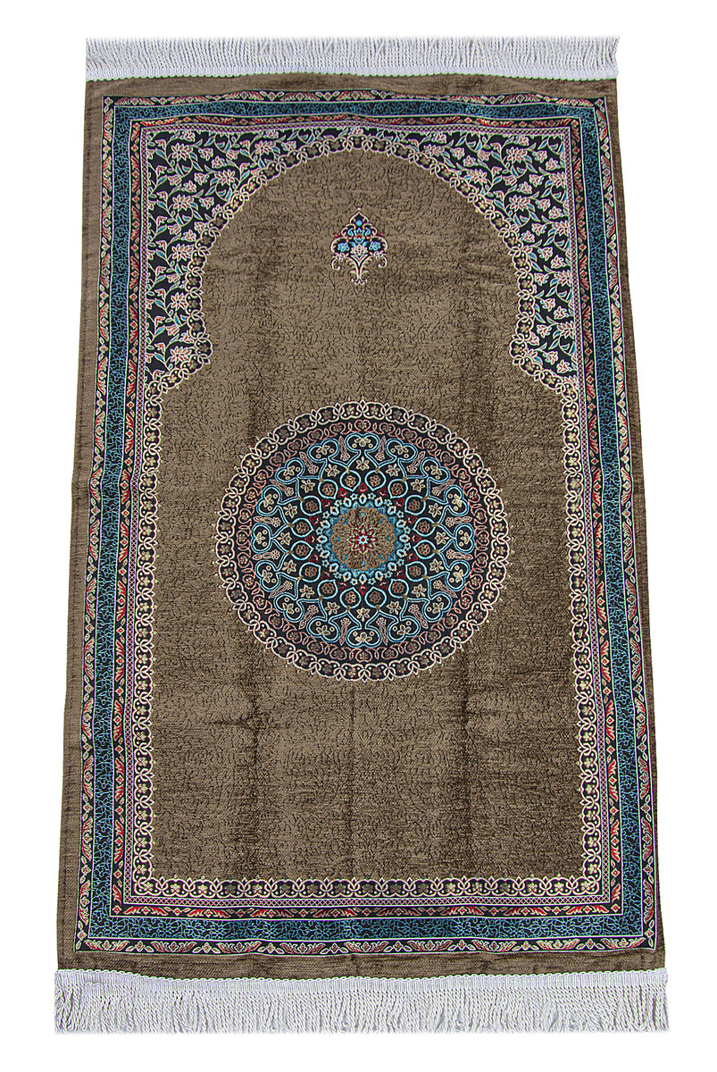 Brown Traditional Motif Knitted Fringed Mihrab Lined Chenille Prayer Rug - 1