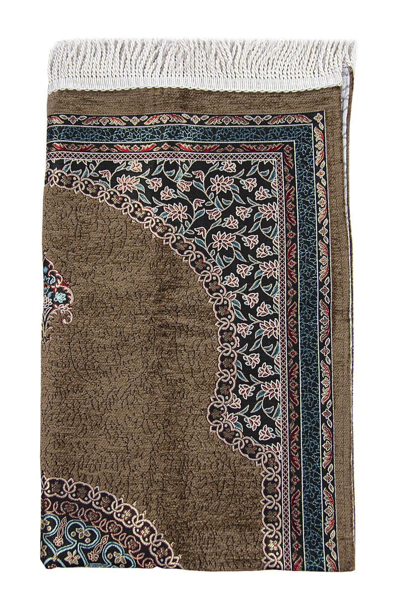 Brown Traditional Motif Knitted Fringed Mihrab Lined Chenille Prayer Rug - 3