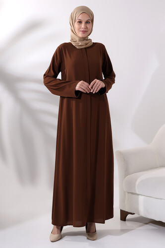 Brown Women's Plain Plain Hijab Abaya with Elastic Sleeves and Hidden Zipper - 1