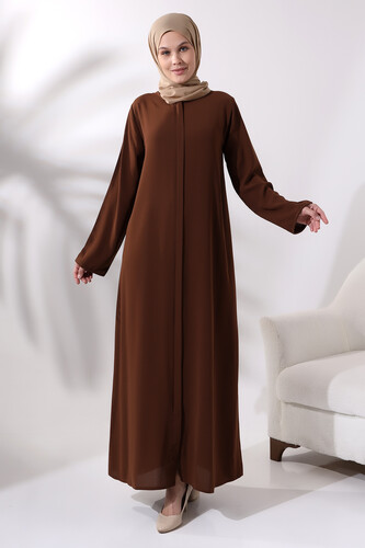 Brown Women's Plain Plain Hijab Abaya with Elastic Sleeves and Hidden Zipper - 2