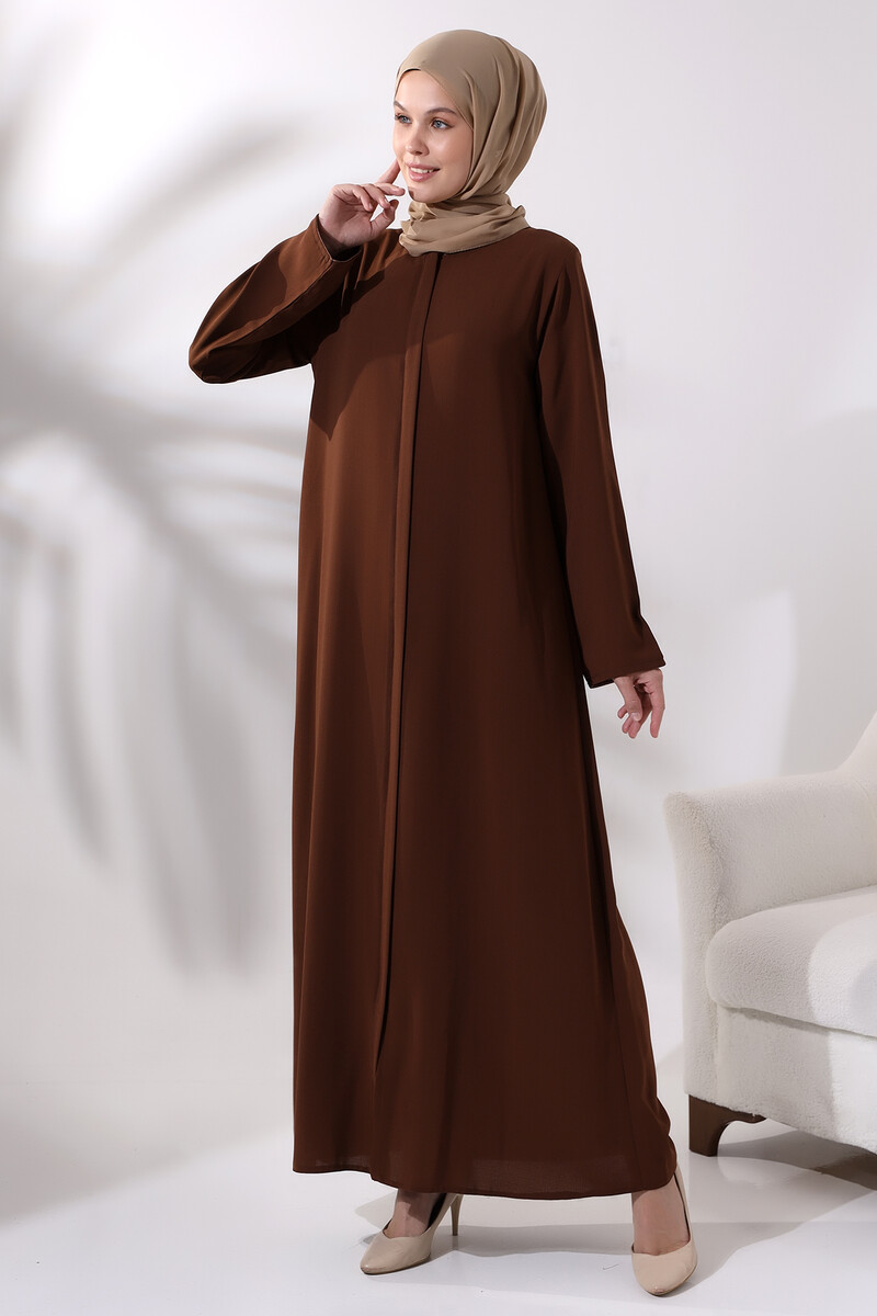 Brown Women's Plain Plain Hijab Abaya with Elastic Sleeves and Hidden Zipper - 3