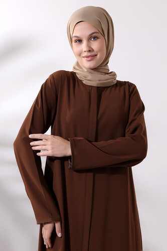 Brown Women's Plain Plain Hijab Abaya with Elastic Sleeves and Hidden Zipper - 4