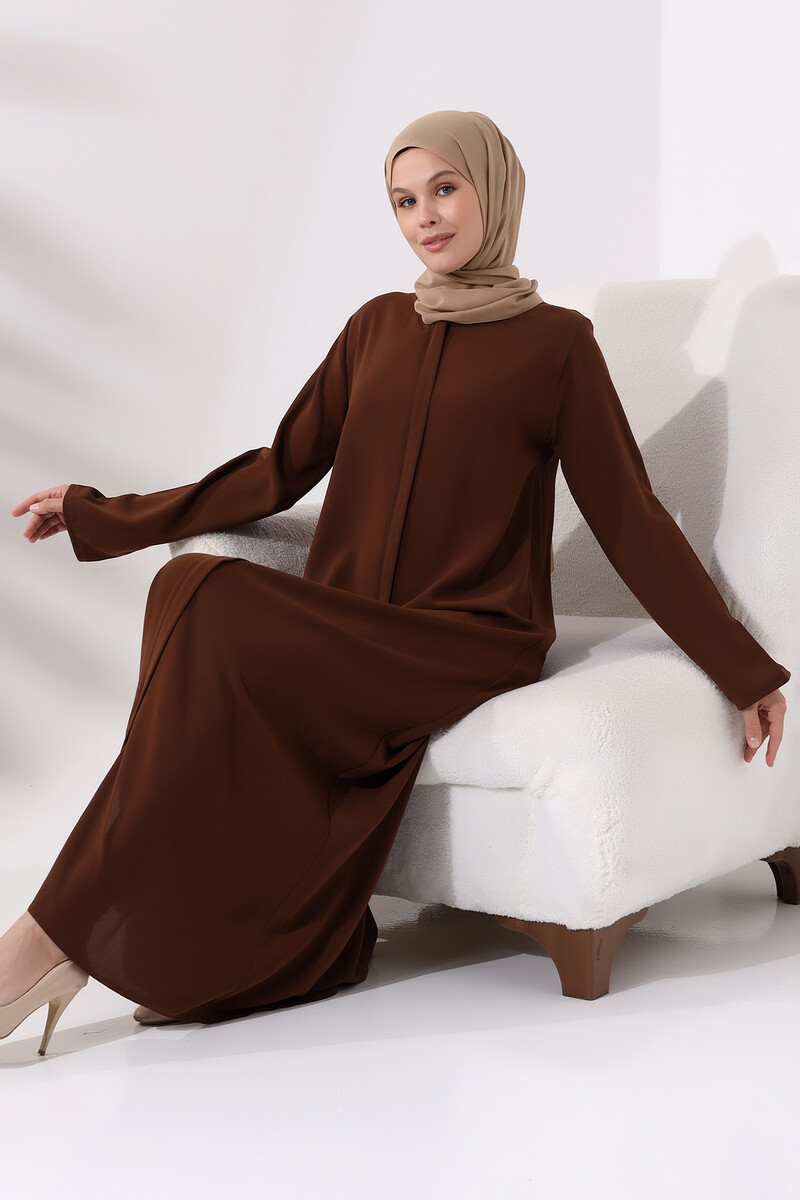 Brown Women's Plain Plain Hijab Abaya with Elastic Sleeves and Hidden Zipper - 5