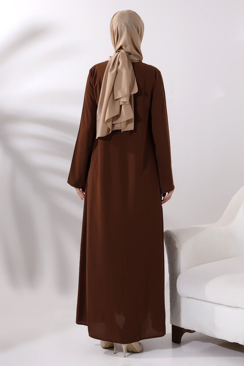 Brown Women's Plain Plain Hijab Abaya with Elastic Sleeves and Hidden Zipper - 6