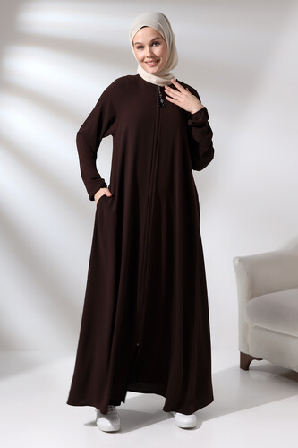 Brown Zippered Sleeve Elastic Medina Silk Mevlana Model Hijab Abaya - 1