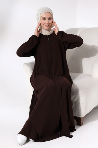 Brown Zippered Sleeve Elastic Medina Silk Mevlana Model Hijab Abaya - 5