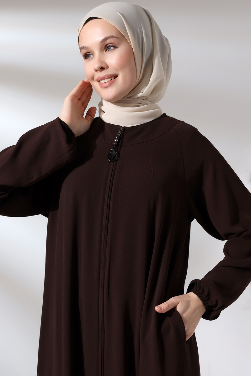 Brown Zippered Sleeve Elastic Medina Silk Mevlana Model Hijab Abaya - 6