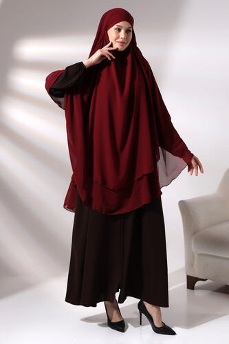 Burgundy Chiffon Three Layer Veiled Long Hijab Soufflé Scarf - 1