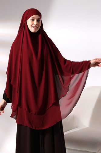 Burgundy Chiffon Three Layer Veiled Long Hijab Soufflé Scarf - 2