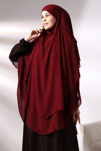 Burgundy Chiffon Three Layer Veiled Long Hijab Soufflé Scarf - 3