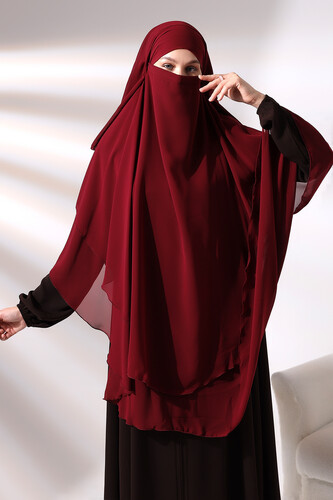 Burgundy Chiffon Three Layer Veiled Long Hijab Soufflé Scarf - 4