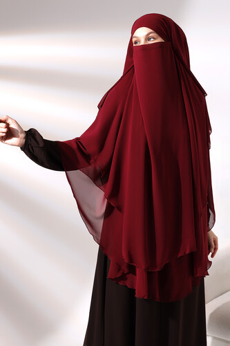 Burgundy Chiffon Three Layer Veiled Long Hijab Soufflé Scarf - 5