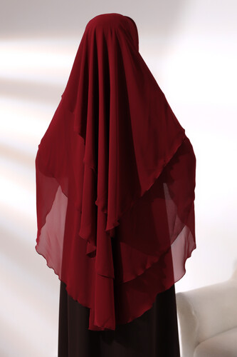 Burgundy Chiffon Three Layer Veiled Long Hijab Soufflé Scarf - 6