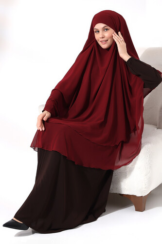 Burgundy Chiffon Three Layer Veiled Long Hijab Soufflé Scarf - 7