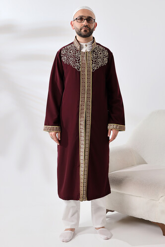 Burgundy Collar Men's Prayer Robe Stripe Embroidery Imam Robe - 1