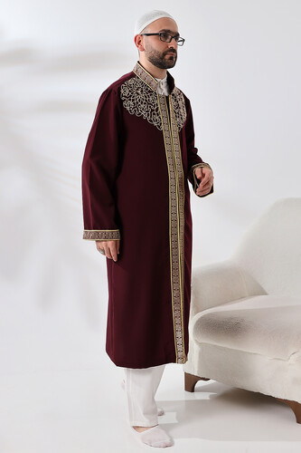 Burgundy Collar Men's Prayer Robe Stripe Embroidery Imam Robe - 2