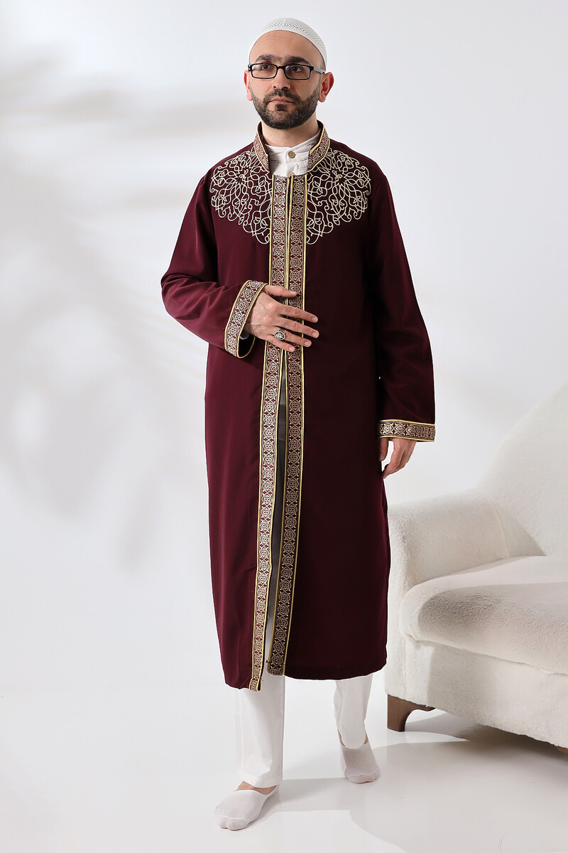 Burgundy Collar Men's Prayer Robe Stripe Embroidery Imam Robe - 3