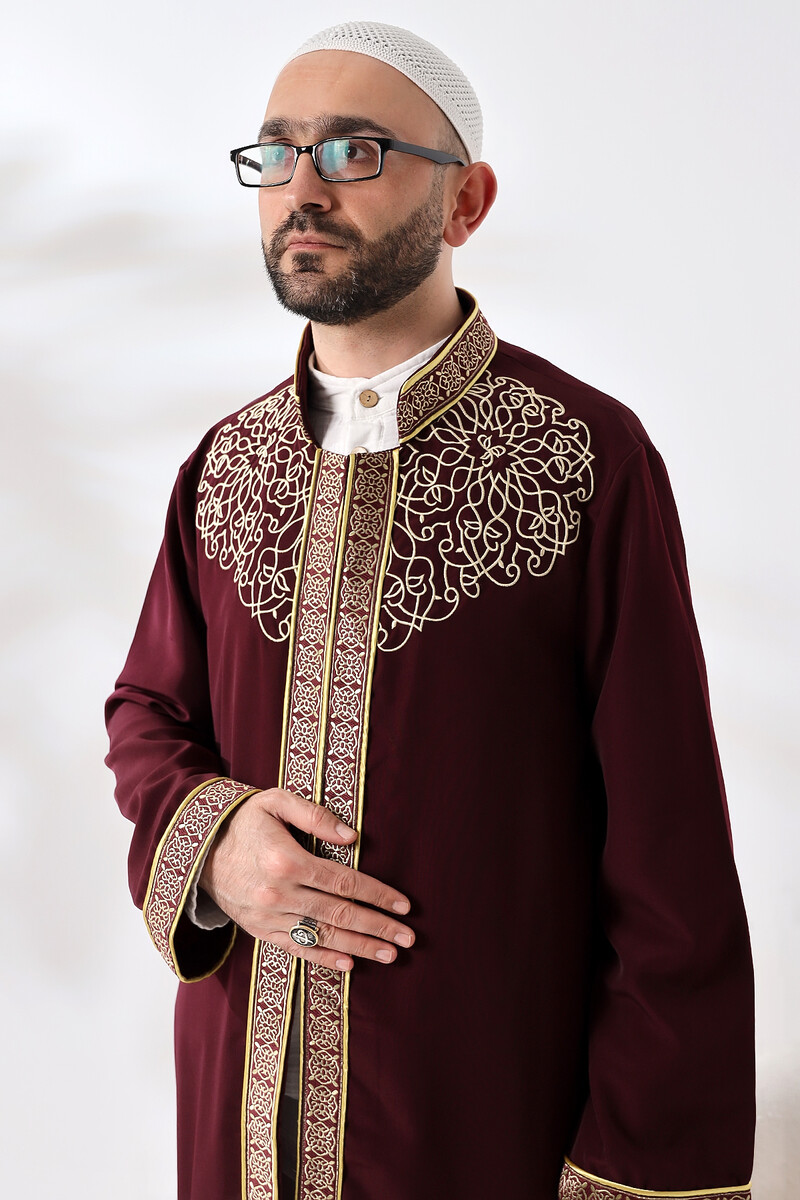 Burgundy Collar Men's Prayer Robe Stripe Embroidery Imam Robe - 5