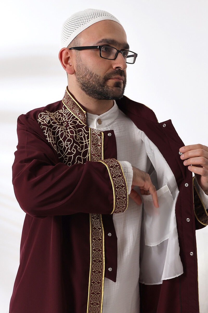 Burgundy Collar Men's Prayer Robe Stripe Embroidery Imam Robe - 6