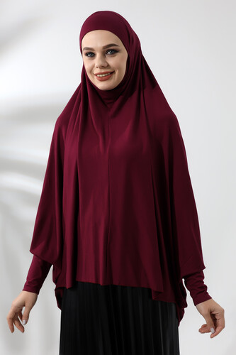 Burgundy Ready Practical Sultanbaş Hijab Sleeve Combed Cotton Soufflé Scarf Hijab - 1