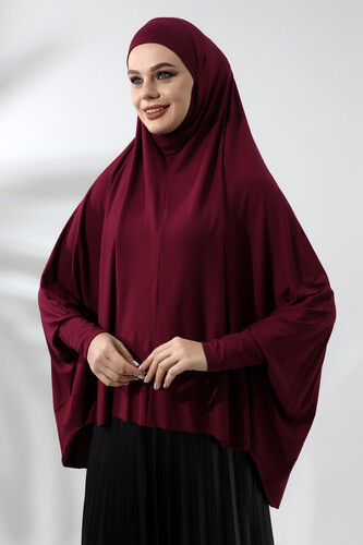 Burgundy Ready Practical Sultanbaş Hijab Sleeve Combed Cotton Soufflé Scarf Hijab - 2