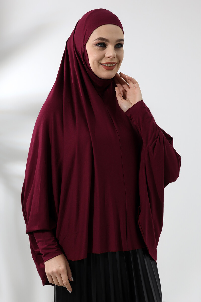 Burgundy Ready Practical Sultanbaş Hijab Sleeve Combed Cotton Soufflé Scarf Hijab - 4