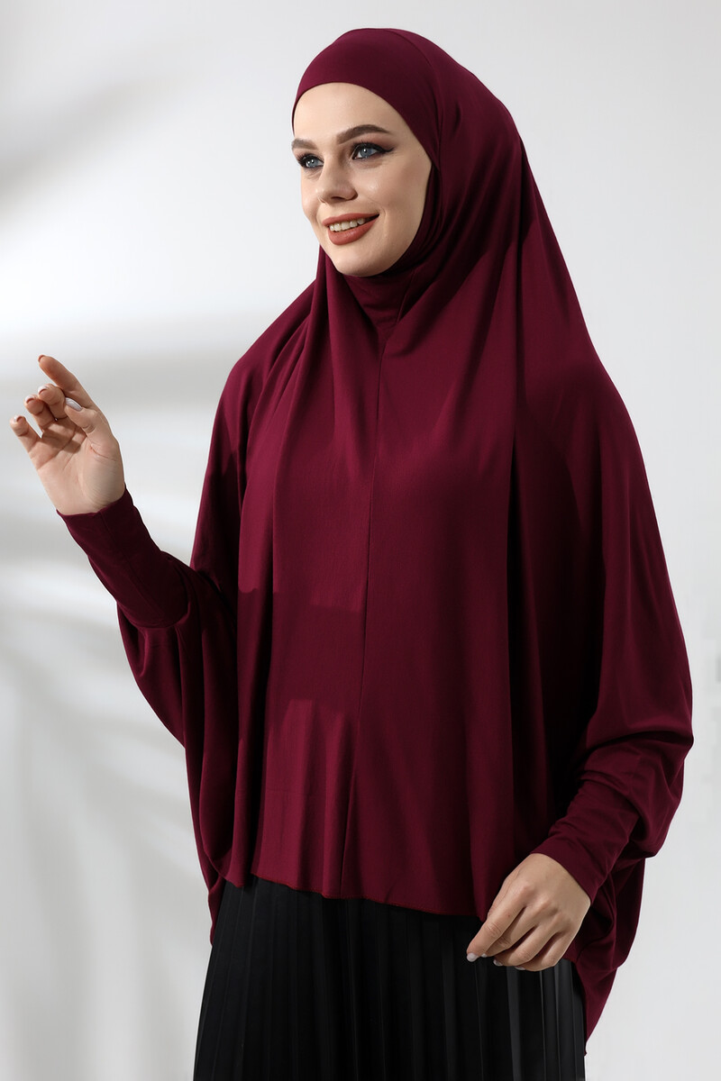 Burgundy Ready Practical Sultanbaş Hijab Sleeve Combed Cotton Soufflé Scarf Hijab - 5